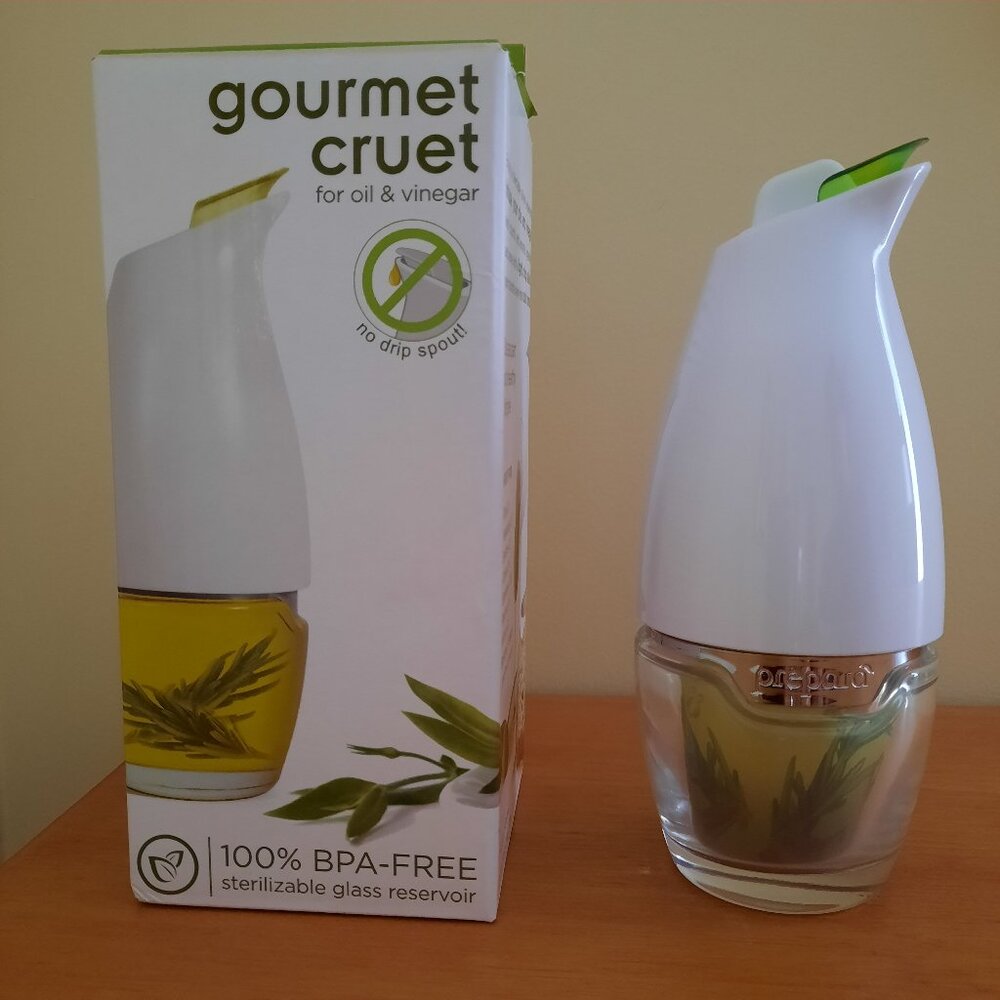 Prepara White Gourmet Cruet 100% BPA-Free/Glass for Oils/Vinegars No Drip Spout